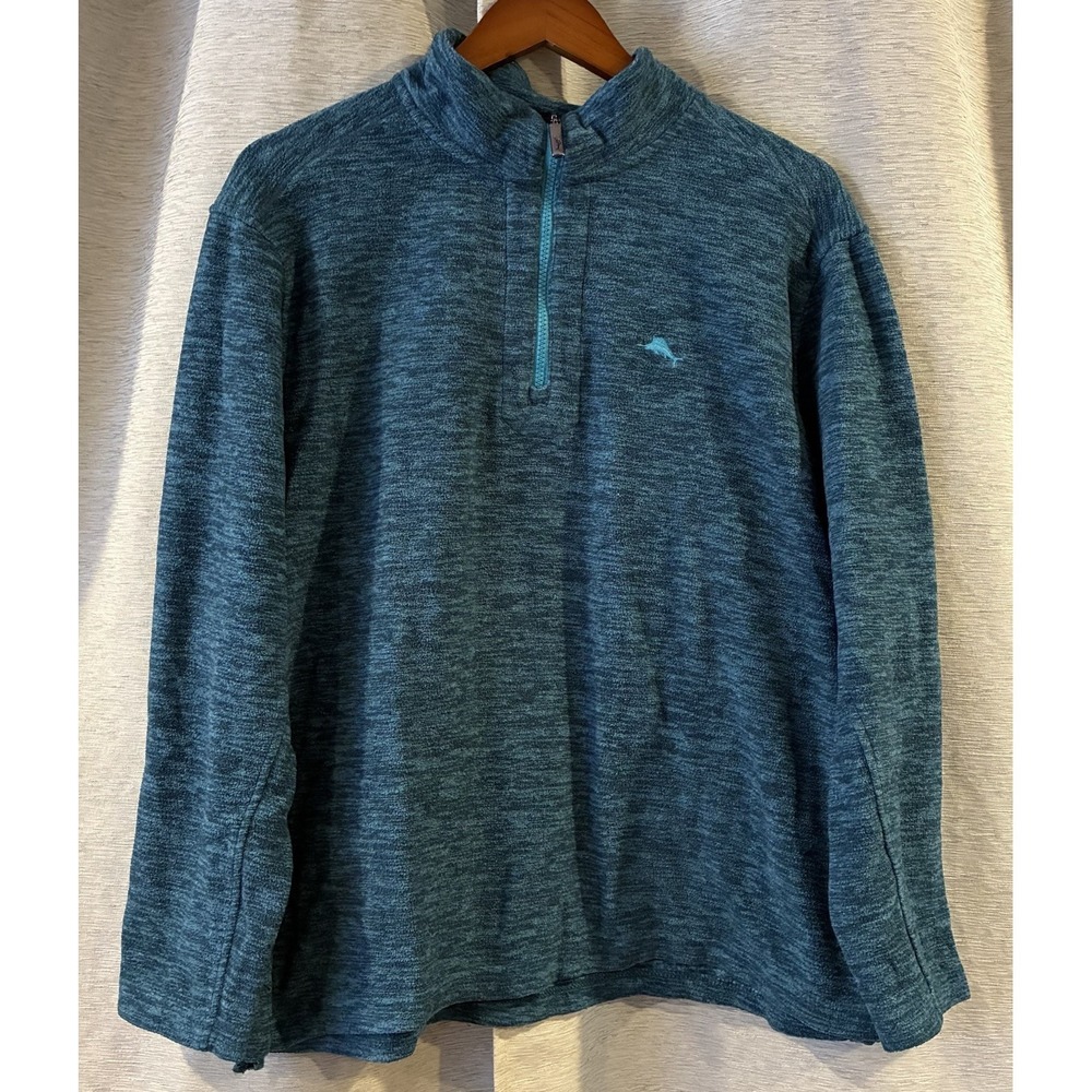 Tommy Bahama Sweater Mens Large Blue Quarter Zip Mock Neck Fleece Pullover